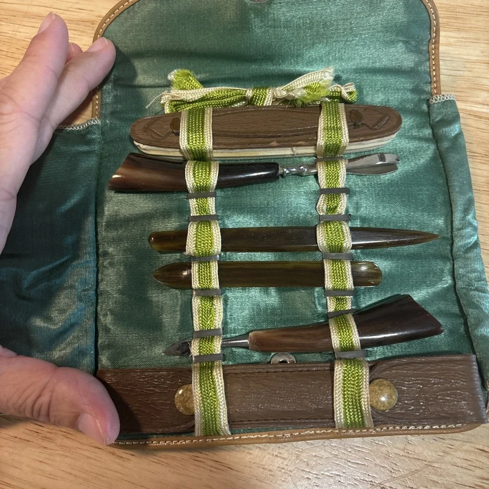 VTG Antique Celluloid Tortoiseshell Manicure Set, Green Satin Roll-Up Leather